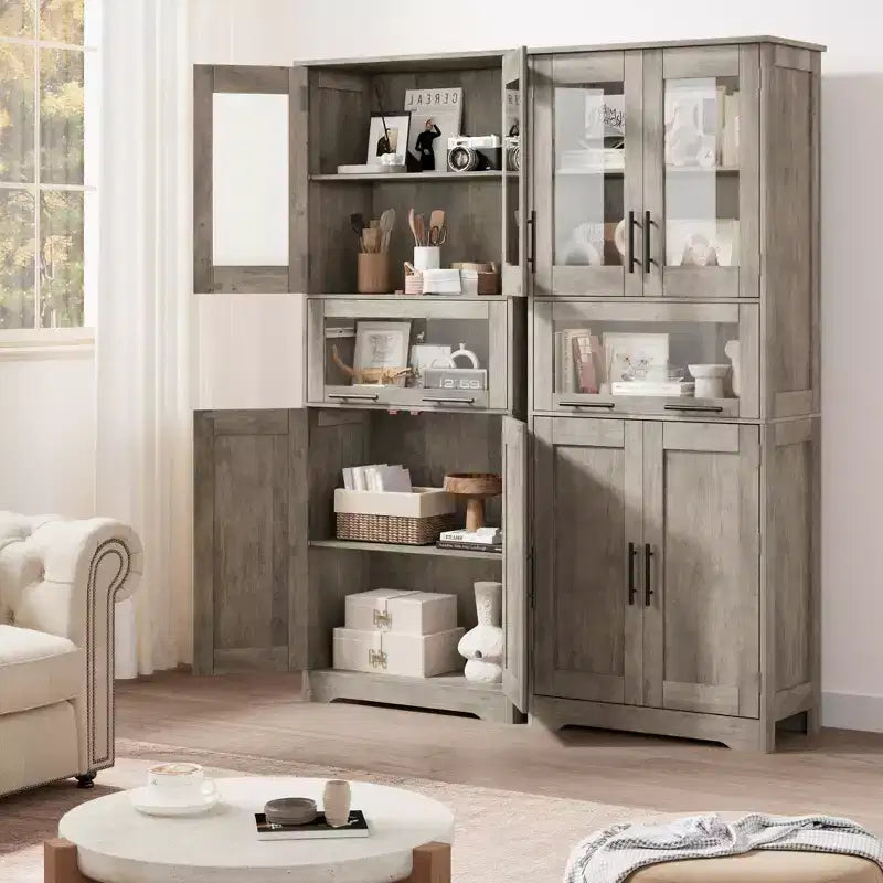 67 H Tall Slim Pantry Cabinet with Glass Doors and Adjustable Shelf, Freestanding Slim Cupboard