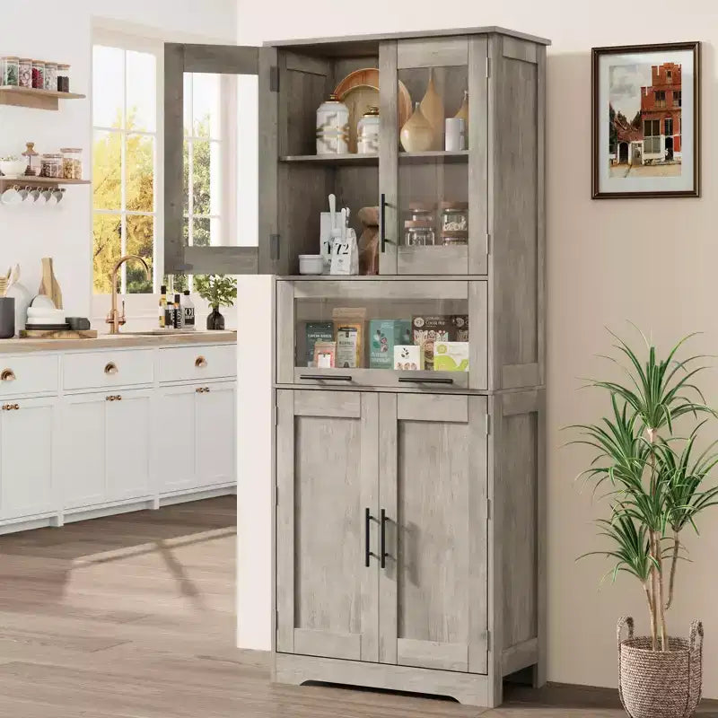 67 H Tall Slim Pantry Cabinet with Glass Doors and Adjustable Shelf, Freestanding Slim Cupboard