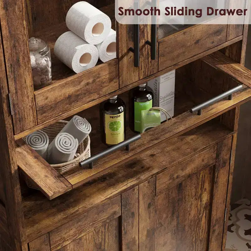 67 H Tall Slim Pantry Cabinet with Glass Doors and Adjustable Shelf, Freestanding Slim Cupboard