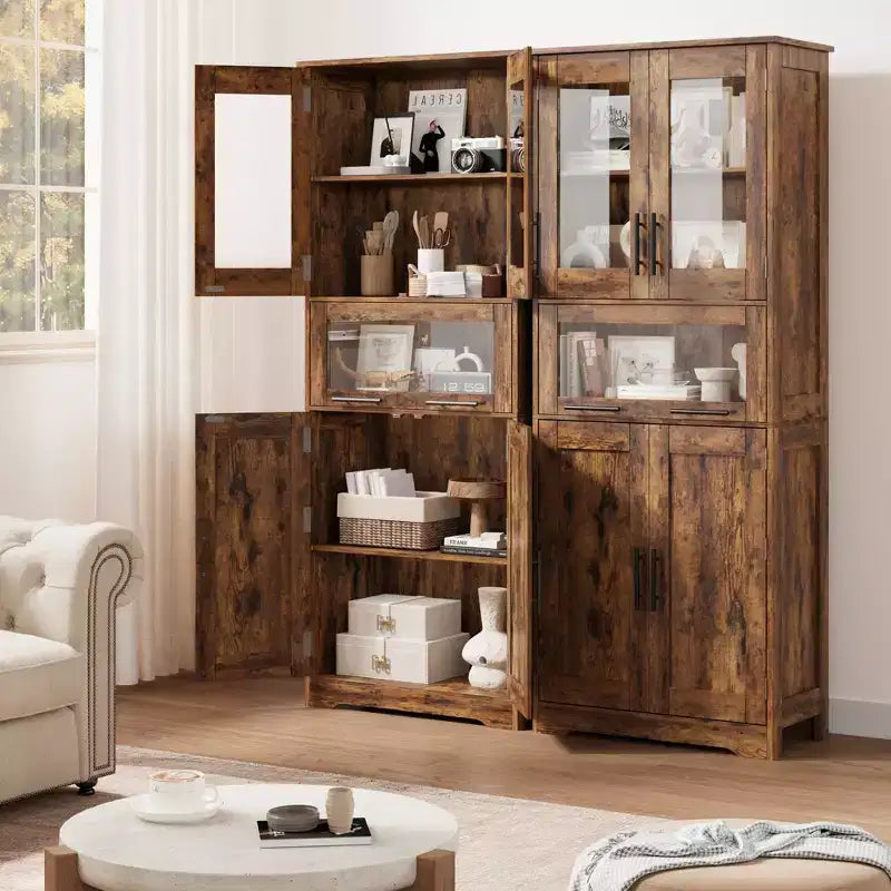67 H Tall Slim Pantry Cabinet with Glass Doors and Adjustable Shelf, Freestanding Slim Cupboard