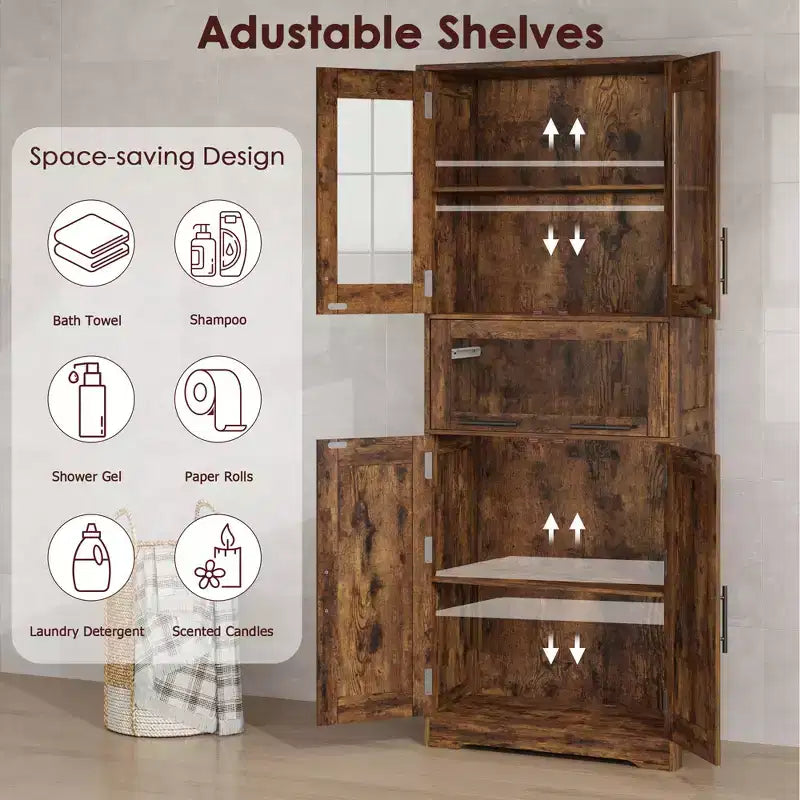 67 H Tall Slim Pantry Cabinet with Glass Doors and Adjustable Shelf, Freestanding Slim Cupboard