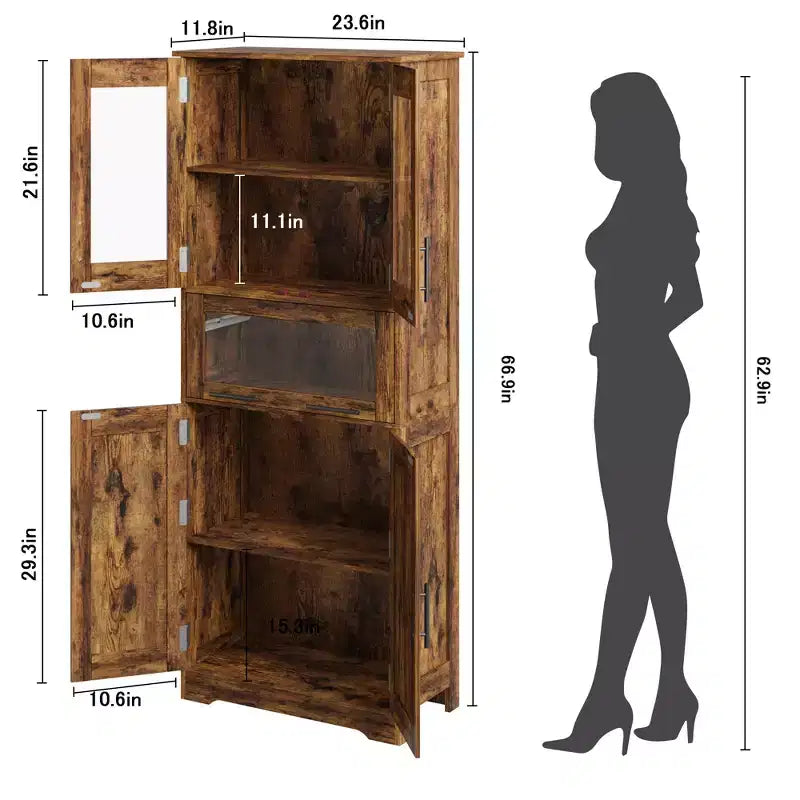 67 H Tall Slim Pantry Cabinet with Glass Doors and Adjustable Shelf, Freestanding Slim Cupboard