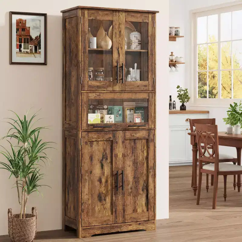 67 H Tall Slim Pantry Cabinet with Glass Doors and Adjustable Shelf, Freestanding Slim Cupboard
