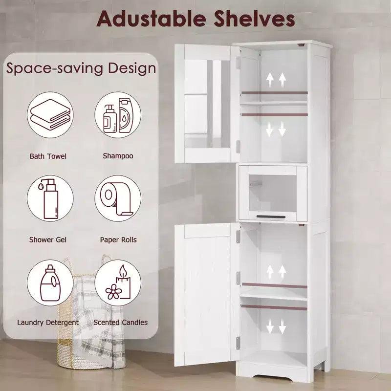 67 H Tall Slim Pantry Cabinet with Glass Doors and Adjustable Shelf, Freestanding Slim Cupboard