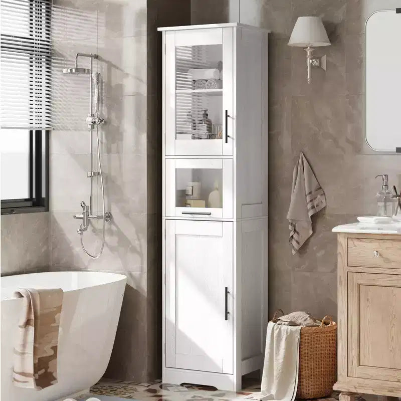 67 H Tall Slim Pantry Cabinet with Glass Doors and Adjustable Shelf, Freestanding Slim Cupboard