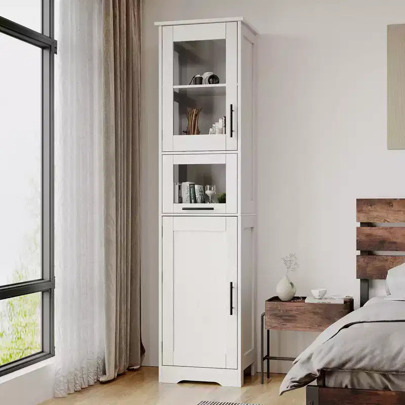 67 H Tall Slim Pantry Cabinet with Glass Doors and Adjustable Shelf, Freestanding Slim Cupboard