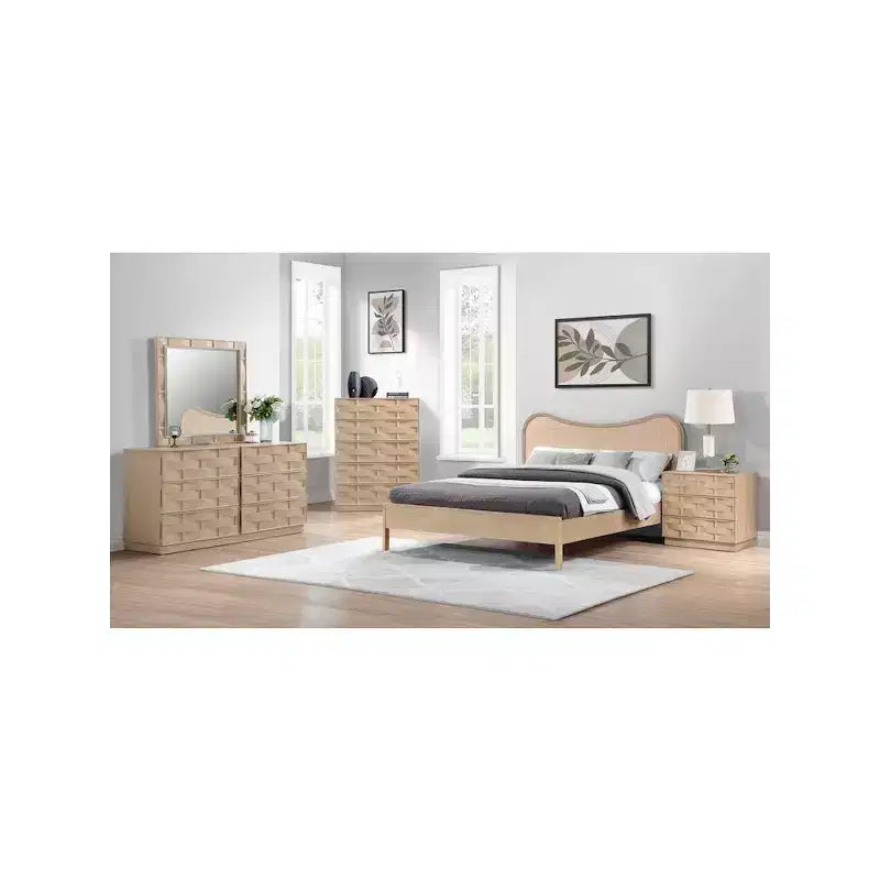 Natural Oak Woven Nightstand, Art Deco Style