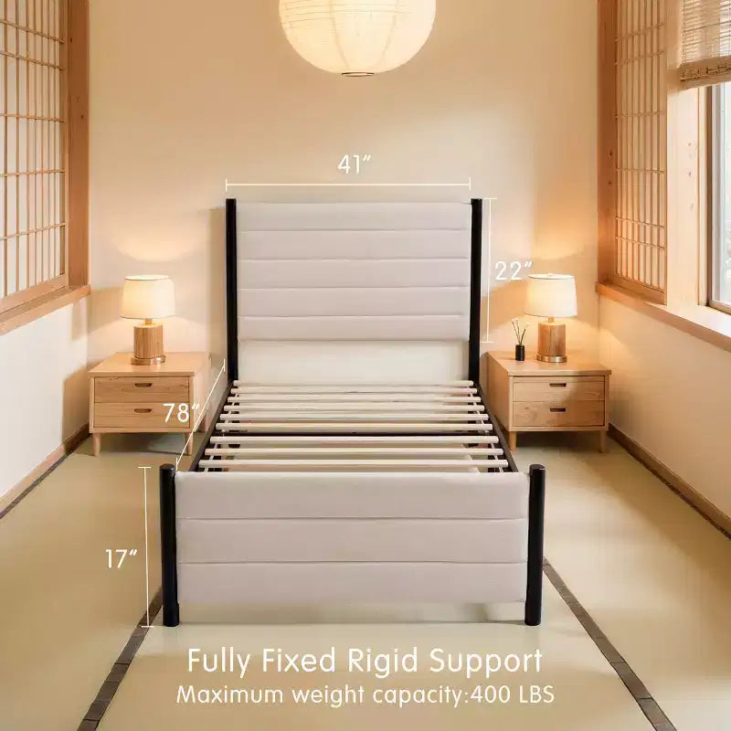 Upholstered Wingback Platform Bed Frame, Solid Wood