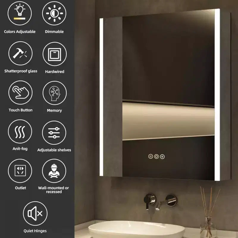 LED Medicine Cabinet with Mirror, Surface or Recessed Mount, 3-Color Dimmable Light, Anti-Fog, USB & Outlet