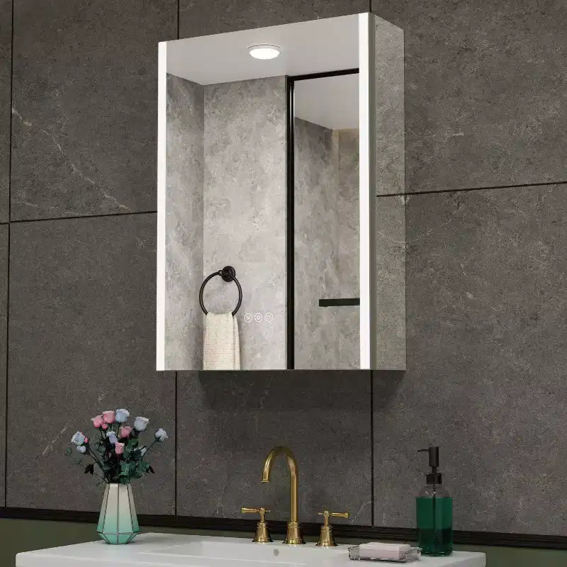LED Medicine Cabinet with Mirror, Surface or Recessed Mount, 3-Color Dimmable Light, Anti-Fog, USB & Outlet