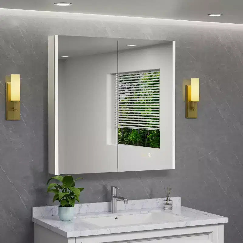 LED Medicine Cabinet with Mirror, Surface or Recessed Mount, 3-Color Dimmable Light, Anti-Fog, USB & Outlet
