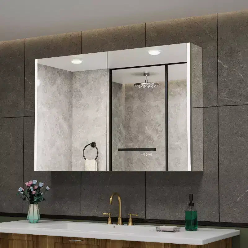 LED Medicine Cabinet with Mirror, Surface or Recessed Mount, 3-Color Dimmable Light, Anti-Fog, USB & Outlet