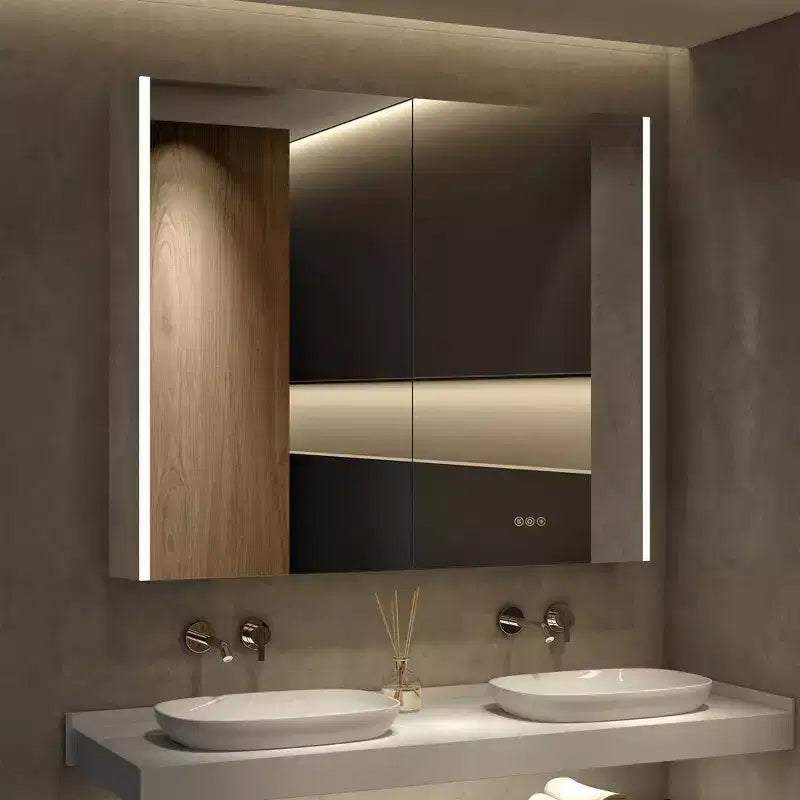 LED Medicine Cabinet with Mirror, Surface or Recessed Mount, 3-Color Dimmable Light, Anti-Fog, USB & Outlet