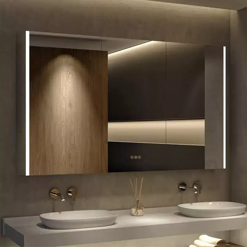 LED Medicine Cabinet with Mirror, Surface or Recessed Mount, 3-Color Dimmable Light, Anti-Fog, USB & Outlet