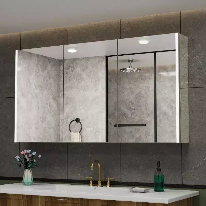 LED Medicine Cabinet with Mirror, Surface or Recessed Mount, 3-Color Dimmable Light, Anti-Fog, USB & Outlet