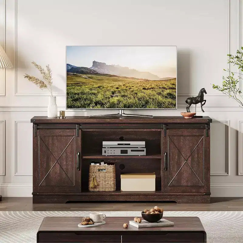 Farmhouse TV Stand for TVs Up to 65, Entertainment Center with Sliding Barn Doors & Storage Cabinets, Media Console Table for Living Room, Bedroom