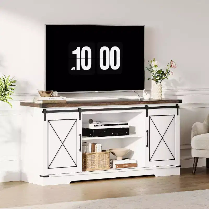 Farmhouse TV Stand for TVs Up to 65, Entertainment Center with Sliding Barn Doors & Storage Cabinets, Media Console Table for Living Room, Bedroom