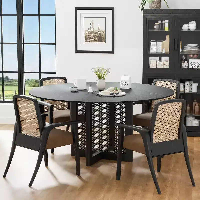 60x60 Farmhouse Round Dining Table with Rattan Woven Legs for Kitchen, Bar, Living Room