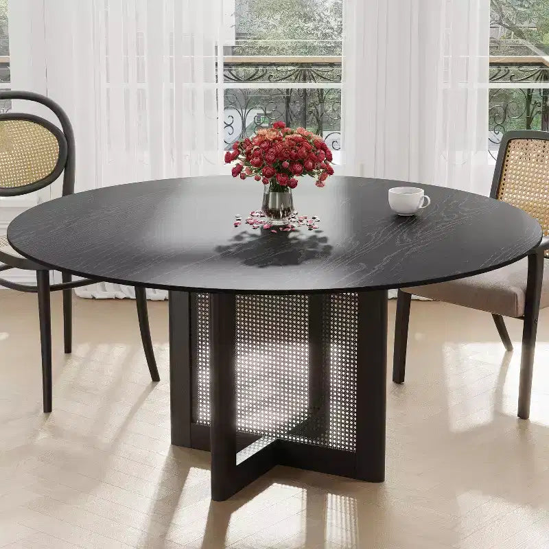 60x60 Farmhouse Round Dining Table with Rattan Woven Legs for Kitchen, Bar, Living Room