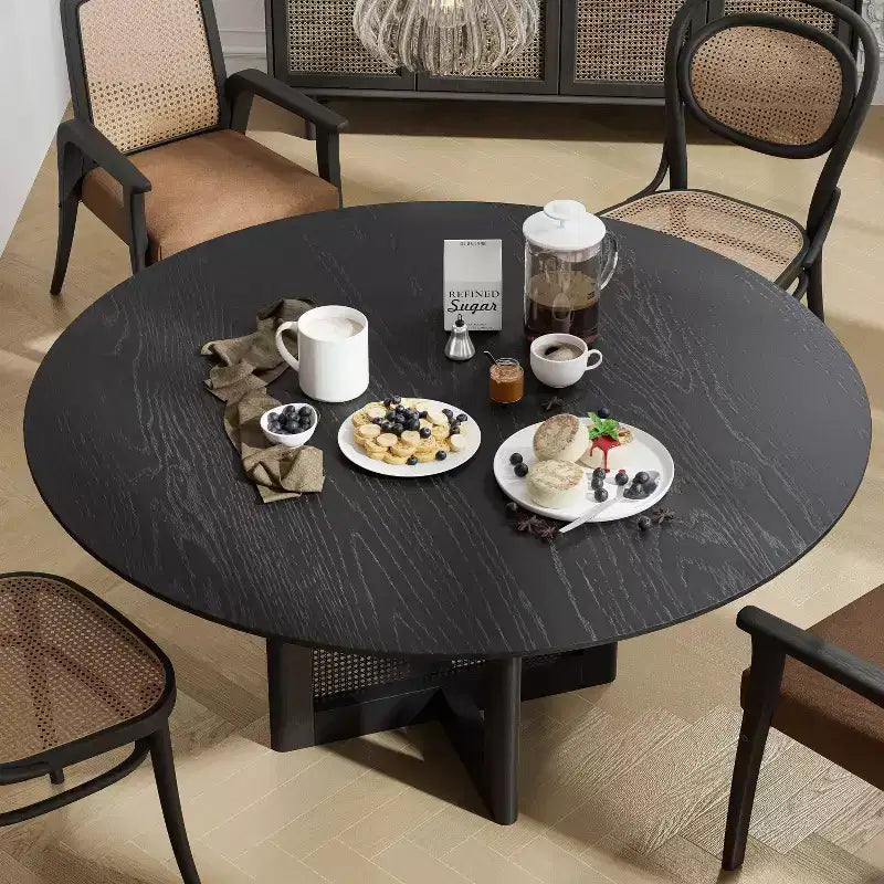 60x60 Farmhouse Round Dining Table with Rattan Woven Legs for Kitchen, Bar, Living Room