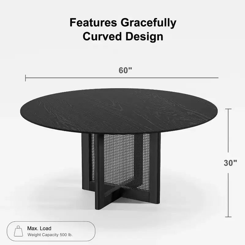 60x60 Farmhouse Round Dining Table with Rattan Woven Legs for Kitchen, Bar, Living Room