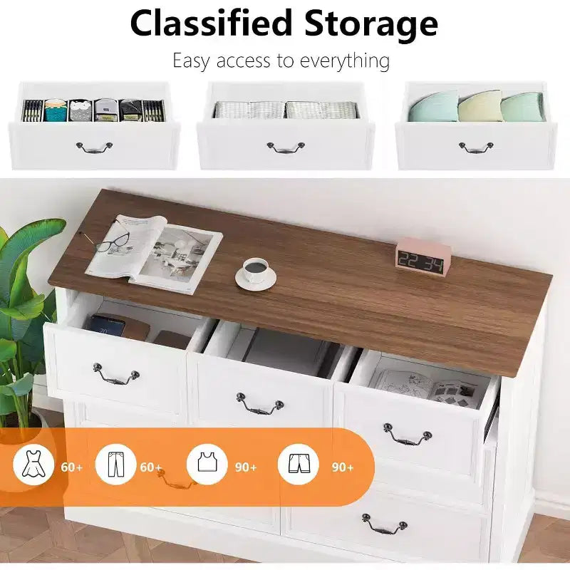 7-Drawer Wood Dresser Chest, Rustic Farmhouse Storage Organizer for Bedroom, Living Room, Hallway, and Children's Room