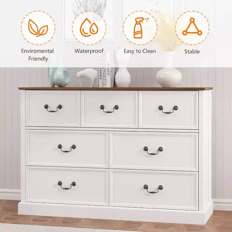 7-Drawer Wood Dresser Chest, Rustic Farmhouse Storage Organizer for Bedroom, Living Room, Hallway, and Children's Room