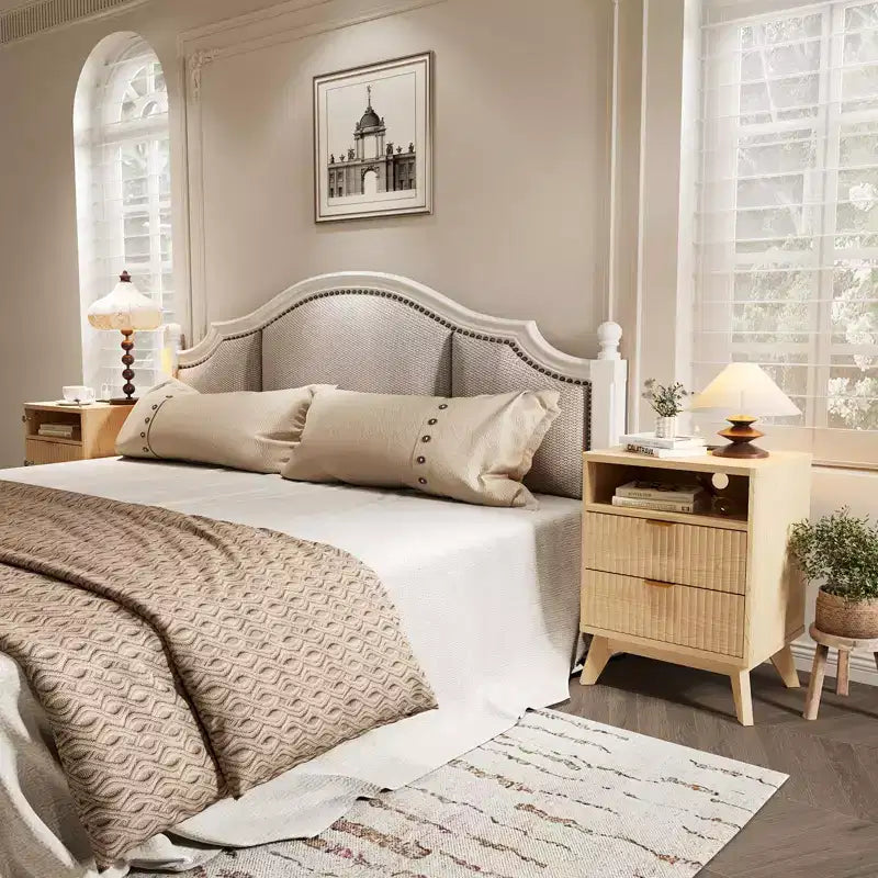 Modern Fluted Nightstand, Wood Bedside Table with USB Ports and Outlets, 2 Drawers and Open Shelf, Accent End Table