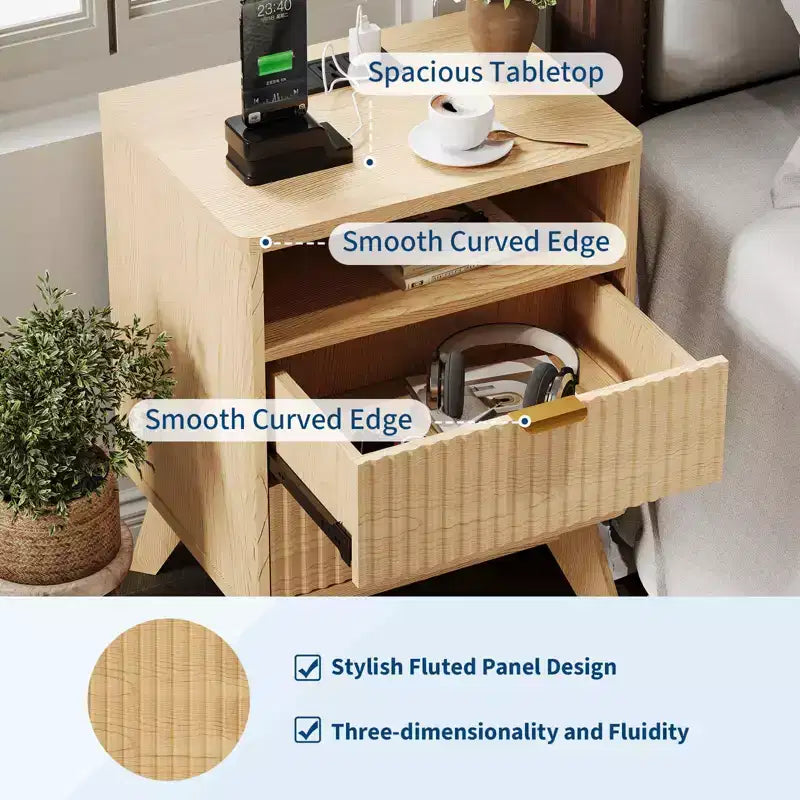 Modern Fluted Nightstand, Wood Bedside Table with USB Ports and Outlets, 2 Drawers and Open Shelf, Accent End Table