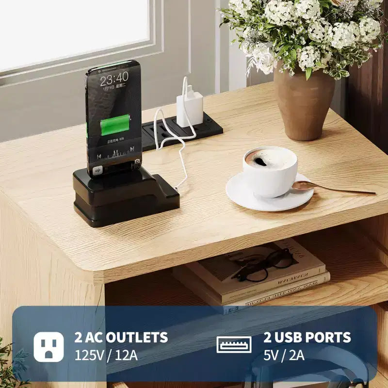 Modern Fluted Nightstand, Wood Bedside Table with USB Ports and Outlets, 2 Drawers and Open Shelf, Accent End Table