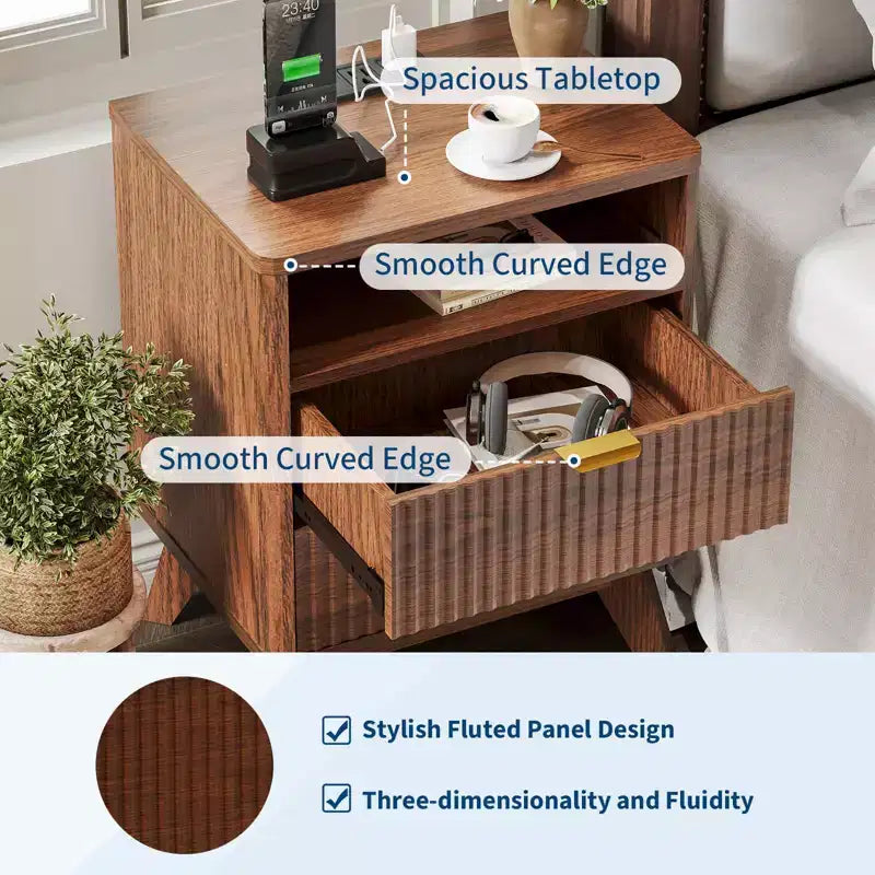 Modern Fluted Nightstand, Wood Bedside Table with USB Ports and Outlets, 2 Drawers and Open Shelf, Accent End Table