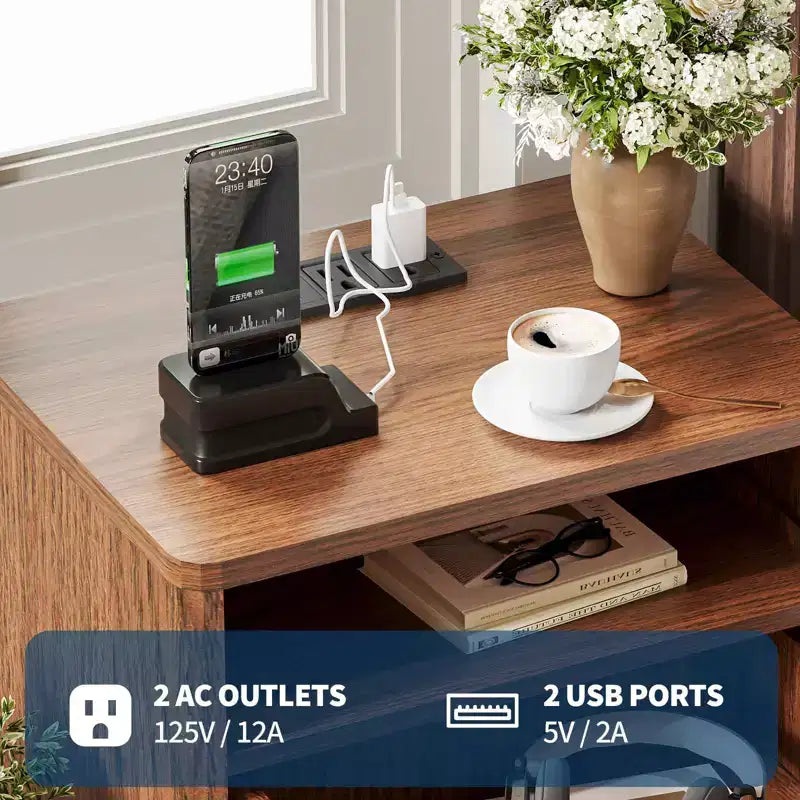 Modern Fluted Nightstand, Wood Bedside Table with USB Ports and Outlets, 2 Drawers and Open Shelf, Accent End Table