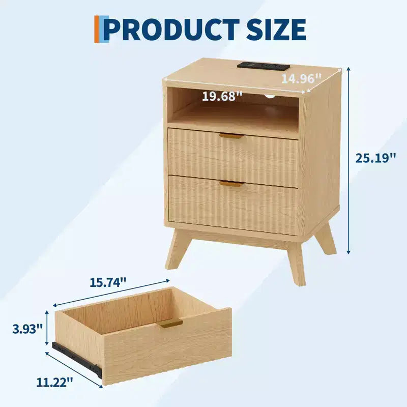 Modern Fluted Nightstand, Wood Bedside Table with USB Ports and Outlets, 2 Drawers and Open Shelf, Accent End Table