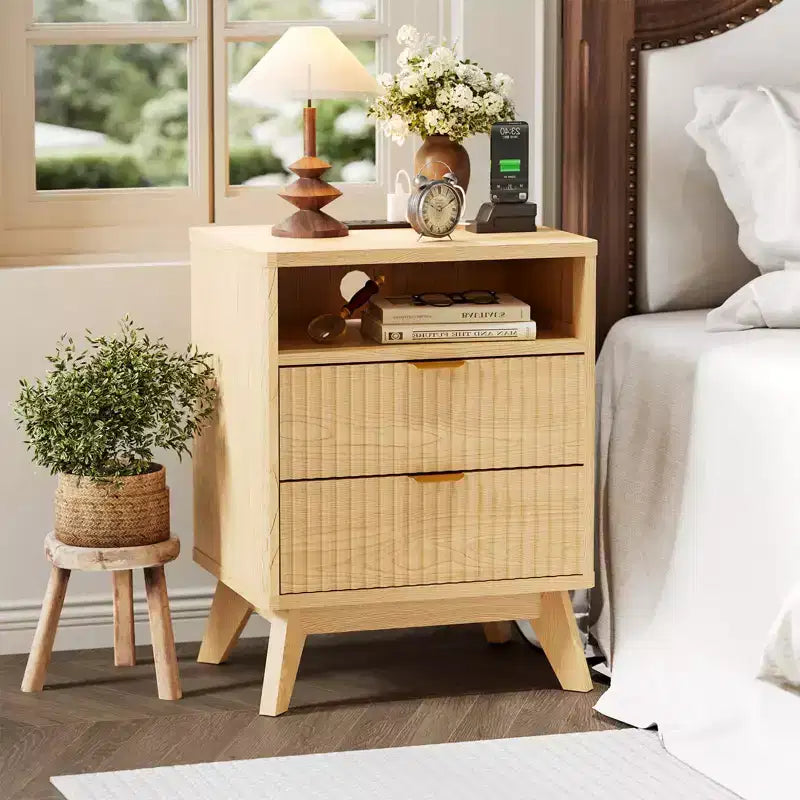 Modern Fluted Nightstand, Wood Bedside Table with USB Ports and Outlets, 2 Drawers and Open Shelf, Accent End Table