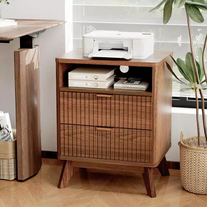 Modern Fluted Nightstand, Wood Bedside Table with USB Ports and Outlets, 2 Drawers and Open Shelf, Accent End Table
