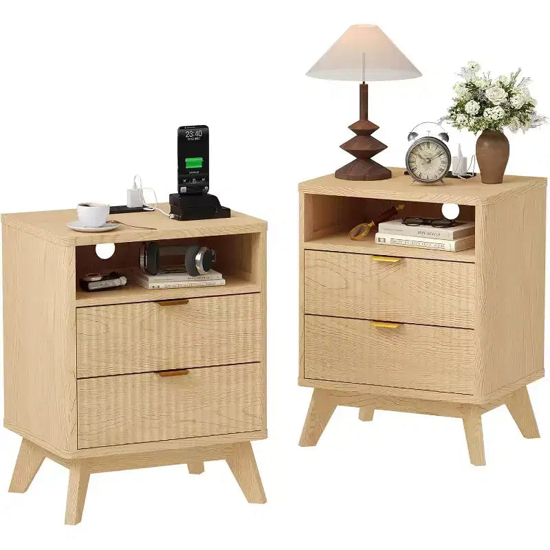 Modern Fluted Nightstand, Wood Bedside Table with USB Ports and Outlets, 2 Drawers and Open Shelf, Accent End Table