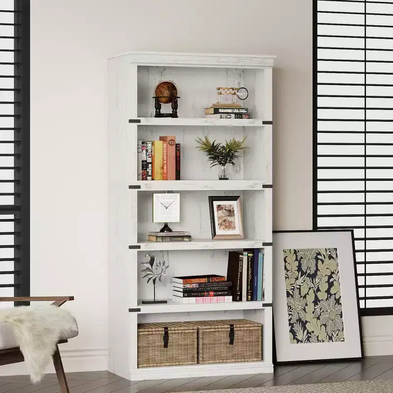 5 Tier Book Shelf, Farmhouse Book Case with Shelf Storage, Wooden Bookshelves for Living Room, Home Office