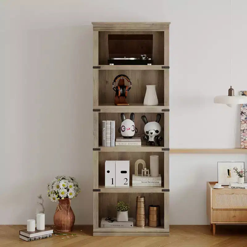5 Tier Book Shelf, Farmhouse Book Case with Shelf Storage, Wooden Bookshelves for Living Room, Home Office