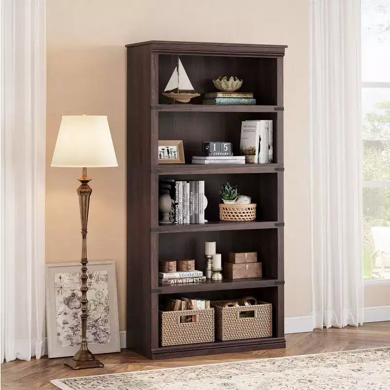 5 Tier Book Shelf, Farmhouse Book Case with Shelf Storage, Wooden Bookshelves for Living Room, Home Office