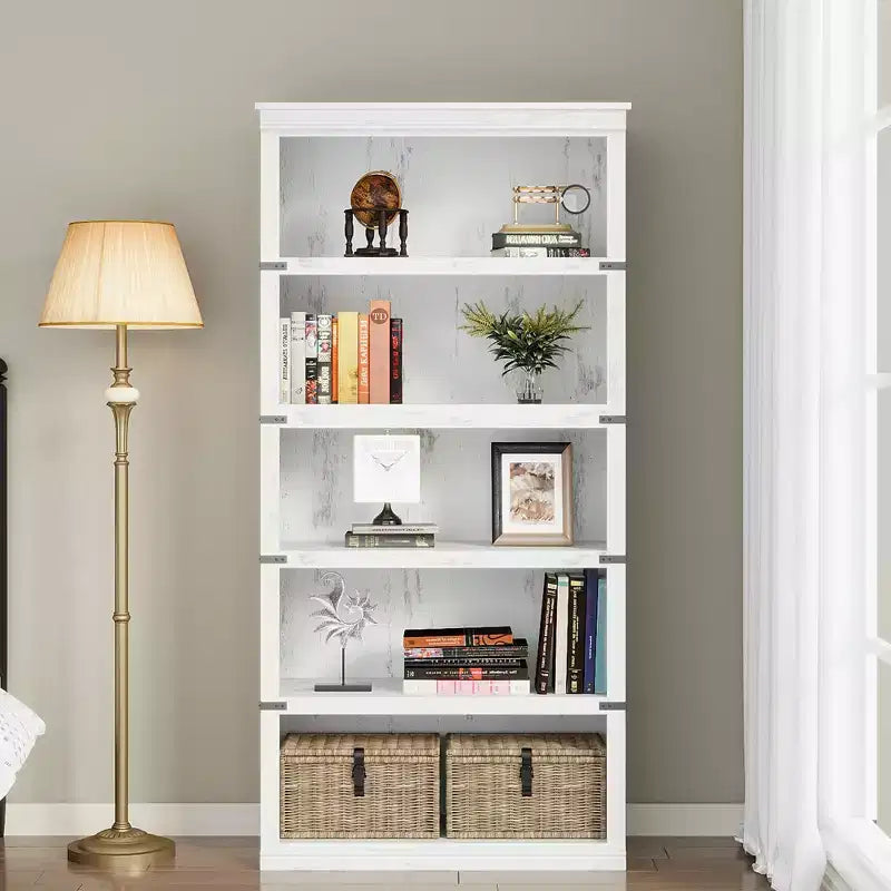 5 Tier Book Shelf, Farmhouse Book Case with Shelf Storage, Wooden Bookshelves for Living Room, Home Office