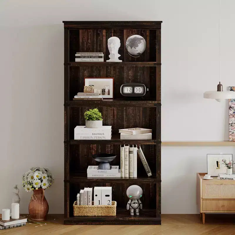 5 Tier Book Shelf, Farmhouse Book Case with Shelf Storage, Wooden Bookshelves for Living Room, Home Office