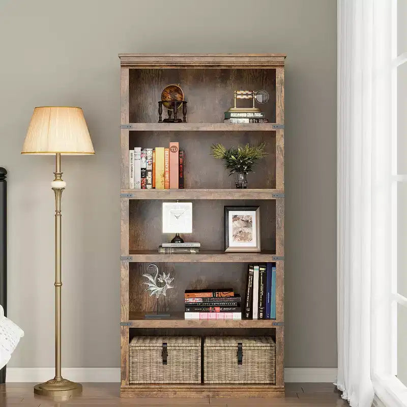 5 Tier Book Shelf, Farmhouse Book Case with Shelf Storage, Wooden Bookshelves for Living Room, Home Office