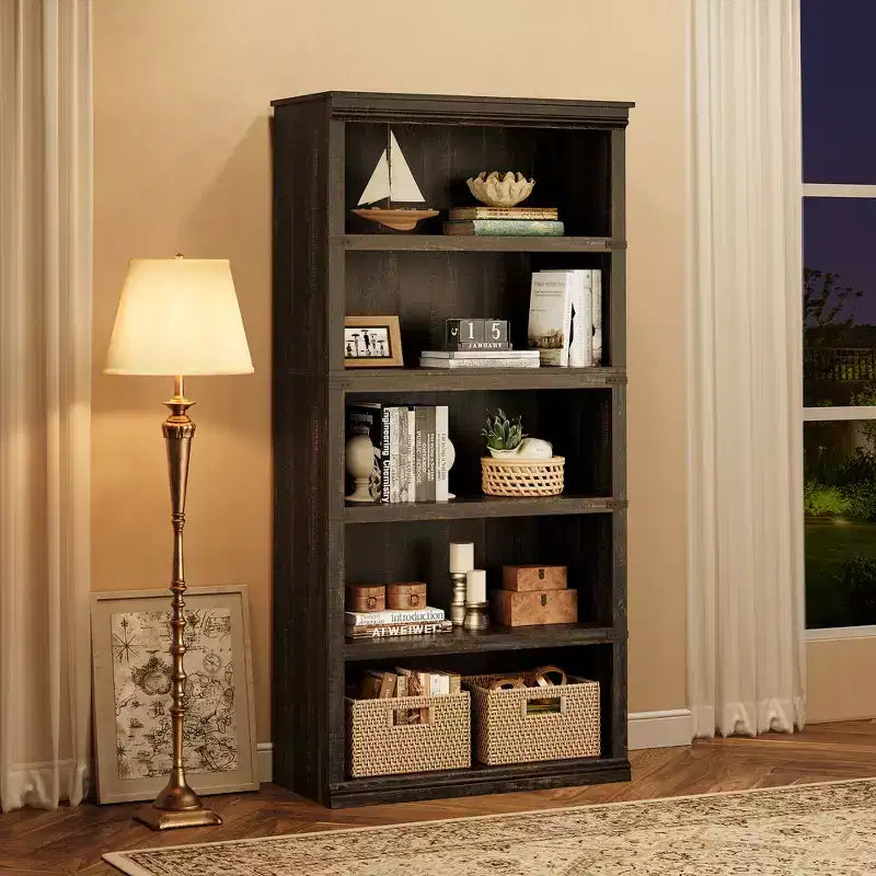 5 Tier Book Shelf, Farmhouse Book Case with Shelf Storage, Wooden Bookshelves for Living Room, Home Office