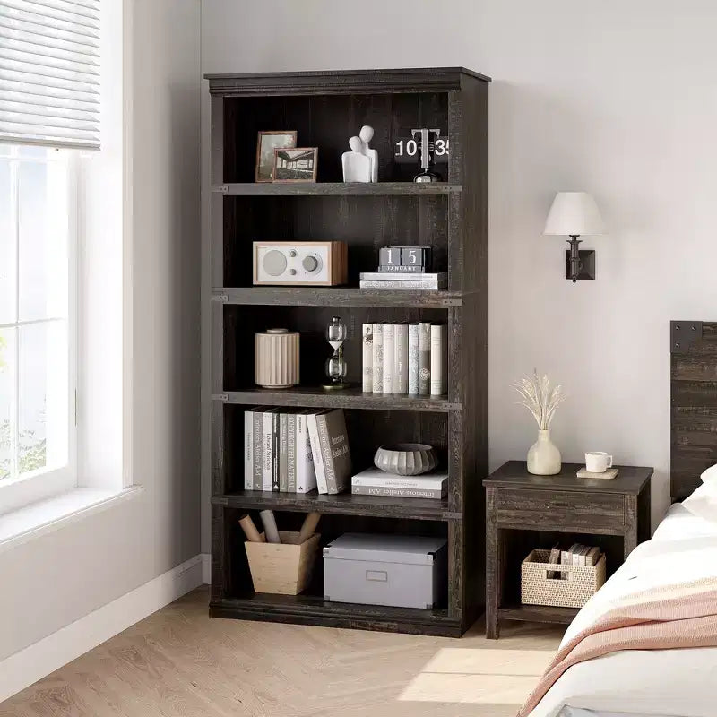 5 Tier Book Shelf, Farmhouse Book Case with Shelf Storage, Wooden Bookshelves for Living Room, Home Office