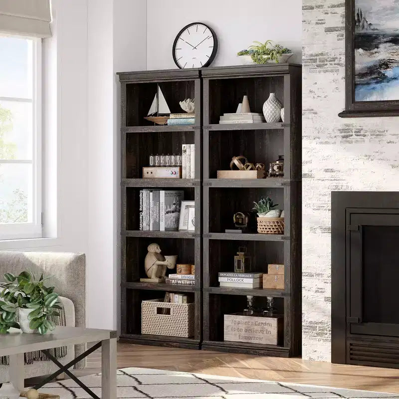 5 Tier Book Shelf, Farmhouse Book Case with Shelf Storage, Wooden Bookshelves for Living Room, Home Office