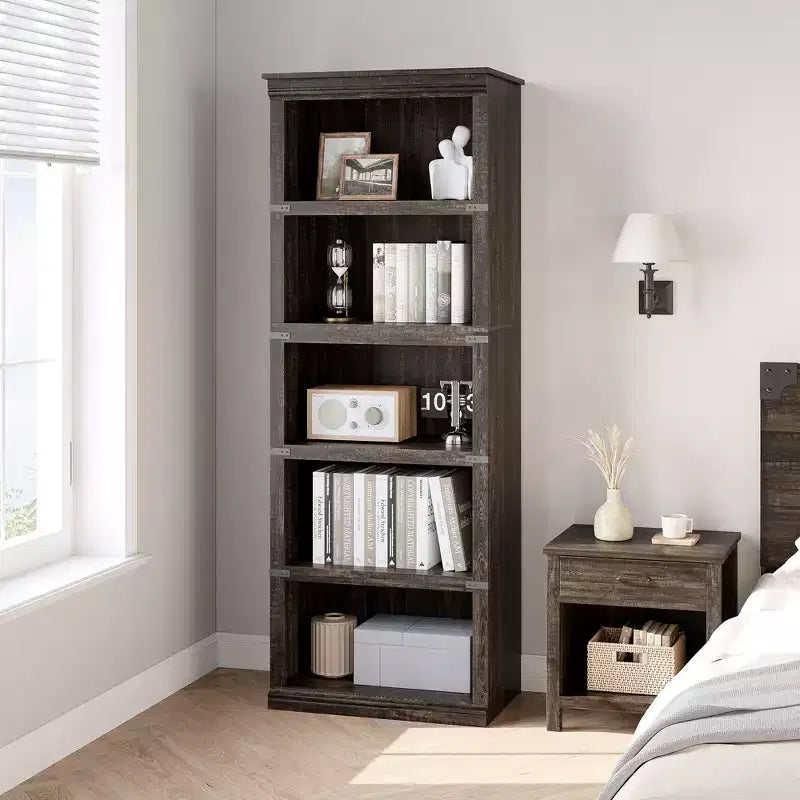 5 Tier Book Shelf, Farmhouse Book Case with Shelf Storage, Wooden Bookshelves for Living Room, Home Office