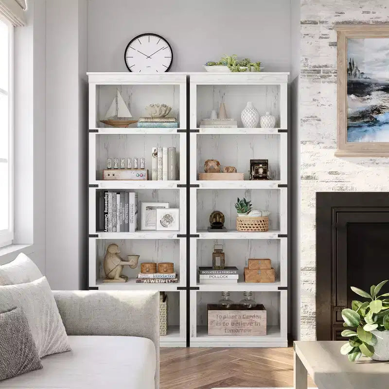 5 Tier Book Shelf, Farmhouse Book Case with Shelf Storage, Wooden Bookshelves for Living Room, Home Office
