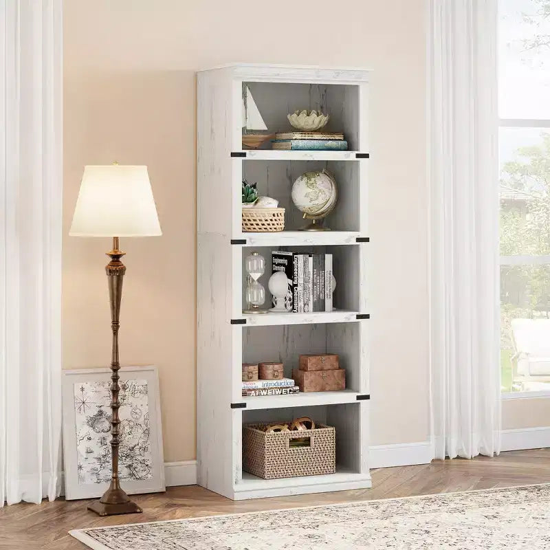5 Tier Book Shelf, Farmhouse Book Case with Shelf Storage, Wooden Bookshelves for Living Room, Home Office